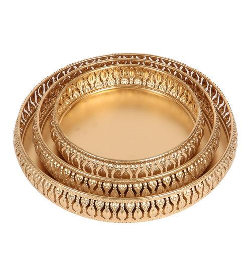 Intricate Golden Metal Tray - Set of 3