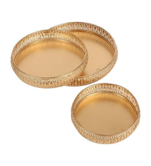 Intricate Golden Metal Tray - Set of 3