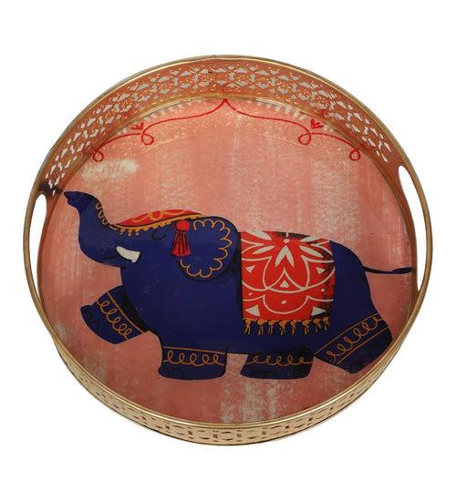 Pink Elephant Pichwai Metal Tray - Set of 2