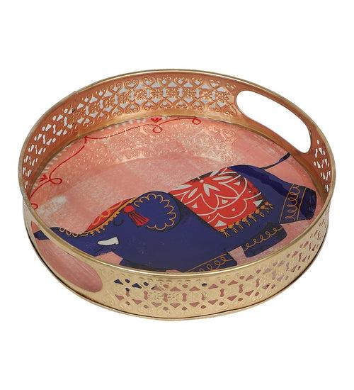 Pink Elephant Pichwai Metal Tray - Set of 2