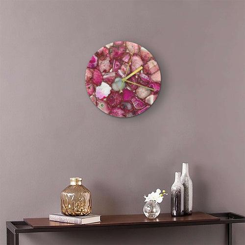 Pink Agate Gemstone Round Clock with Leafing