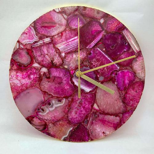 Pink Agate Gemstone Round Clock with Leafing