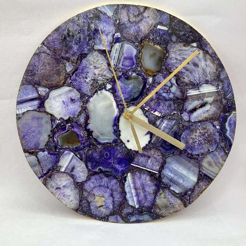 Purple Agate Gemstone Round Clock with Leafing