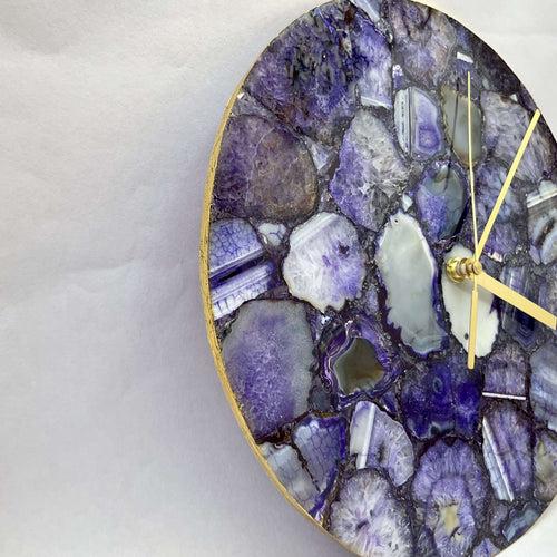 Purple Agate Gemstone Round Clock with Leafing