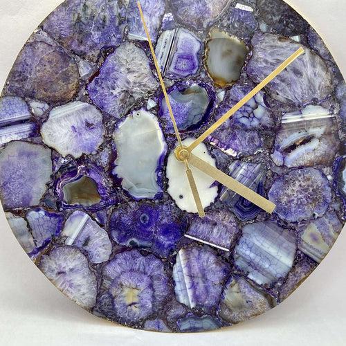 Purple Agate Gemstone Round Clock with Leafing