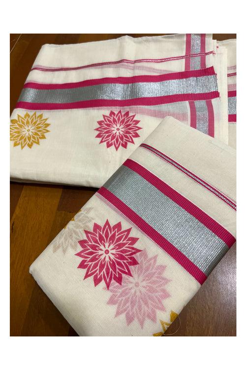 Kerala Cotton Mundum Neriyathum Single (Set Mundu) with Pink Golden Floral Block Prints in Pink Silver Kasavu Border