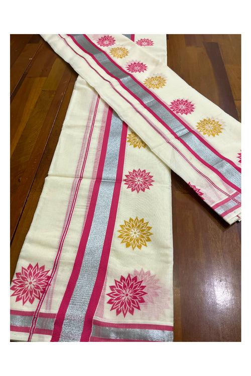 Kerala Cotton Mundum Neriyathum Single (Set Mundu) with Pink Golden Floral Block Prints in Pink Silver Kasavu Border