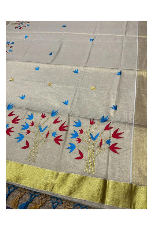Kerala Tissue Kasavu Saree with Red and Blue floral Embroidery Saree