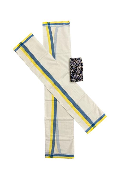 Southloom Mulloth Soft Cotton Blue Yellow Border Set Mundu with Jaipur Printed Blouse Piece (2.60 M Neriyathu / Blouse 1 Meter)