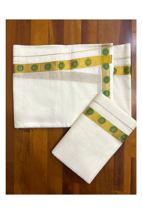 Kerala Pure Cotton Single Set Mundu with Green Floral Block Prints on Kasavu Border 2.80 Mtrs