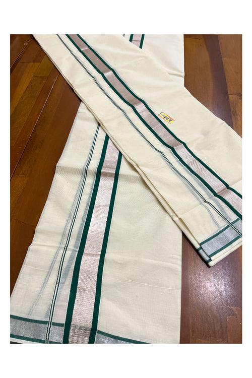 Cotton Set Mundu (Mundum Neriyathum) with Green and Silver Kasavu Border 2.80 Mtrs