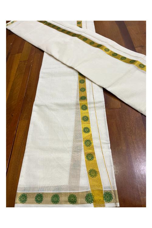 Kerala Pure Cotton Single Set Mundu with Green Floral Block Prints on Kasavu Border 2.80 Mtrs