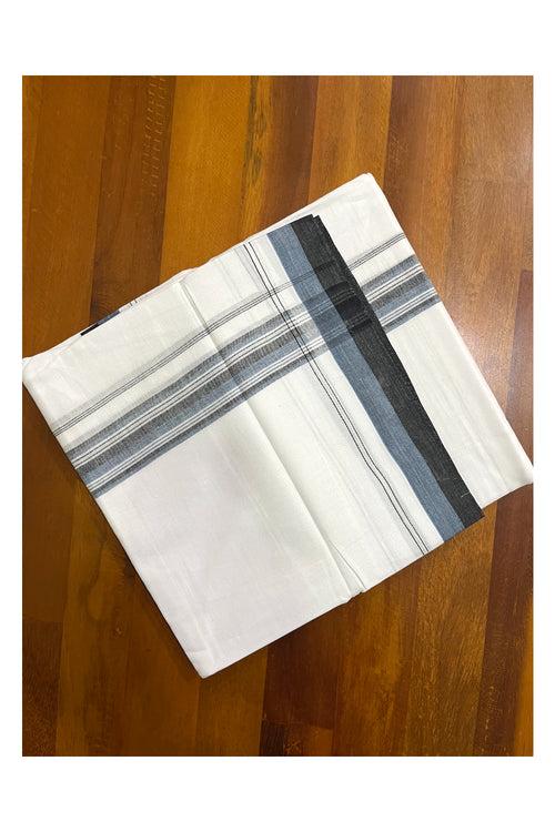 Pure White Cotton Kerala Double Mundu with Blue Black Border (South Indian Kerala Dhoti)