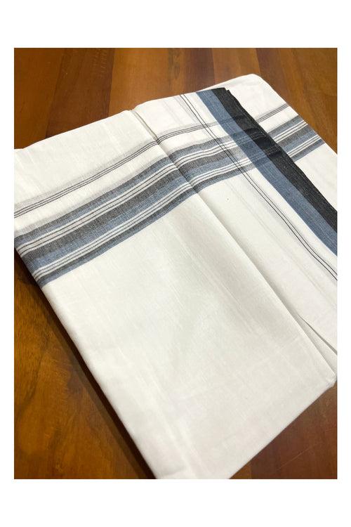 Pure White Cotton Kerala Double Mundu with Blue Black Border (South Indian Kerala Dhoti)