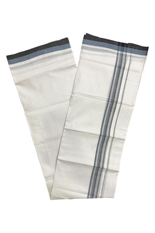 Pure White Cotton Kerala Double Mundu with Blue Black Border (South Indian Kerala Dhoti)