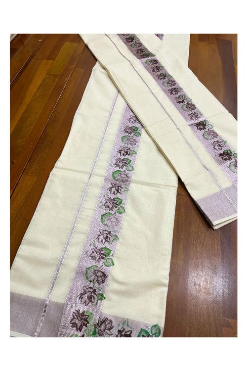 Kerala Pure Cotton Single Set Mundu (Mundum Neriyathum) with Brown Green Block Prints on Rose Copper Kasavu Border