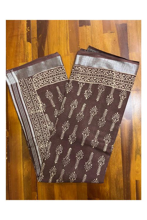 Southloom Linen Brown Designer Saree with Floral Prints