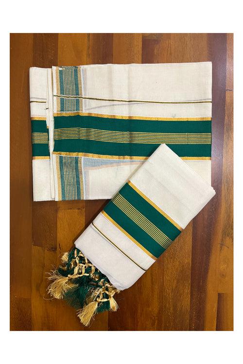 Cotton Kerala Set Mundu (Mundum Neriyathum) with Green and Kasavu Border and Tassels