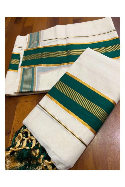 Cotton Kerala Set Mundu (Mundum Neriyathum) with Green and Kasavu Border and Tassels