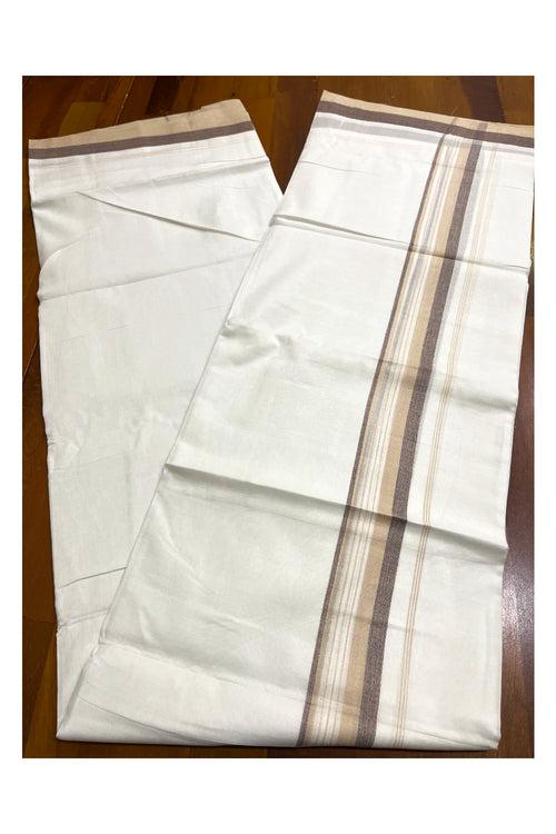 Pure White Cotton Kerala Double Mundu with Beige Brown Border (South Indian Kerala Dhoti)