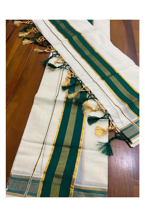 Cotton Kerala Set Mundu (Mundum Neriyathum) with Green and Kasavu Border and Tassels