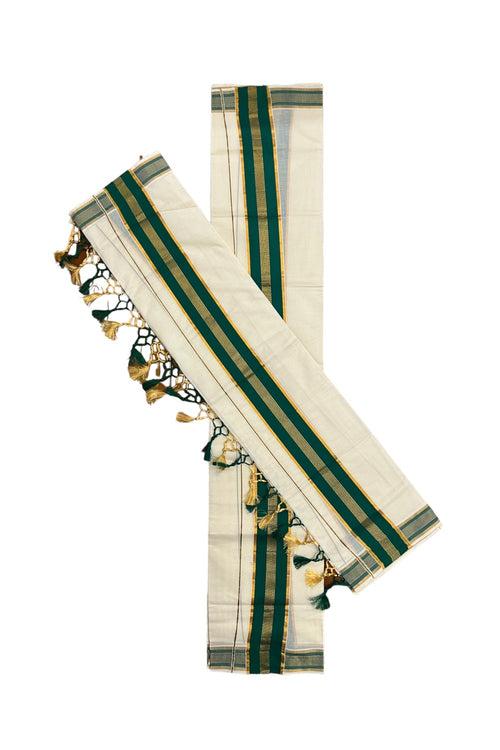 Cotton Kerala Set Mundu (Mundum Neriyathum) with Green and Kasavu Border and Tassels