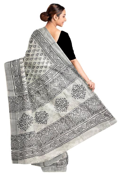 Southloom Linen Pure White Designer Saree with Floral Prints