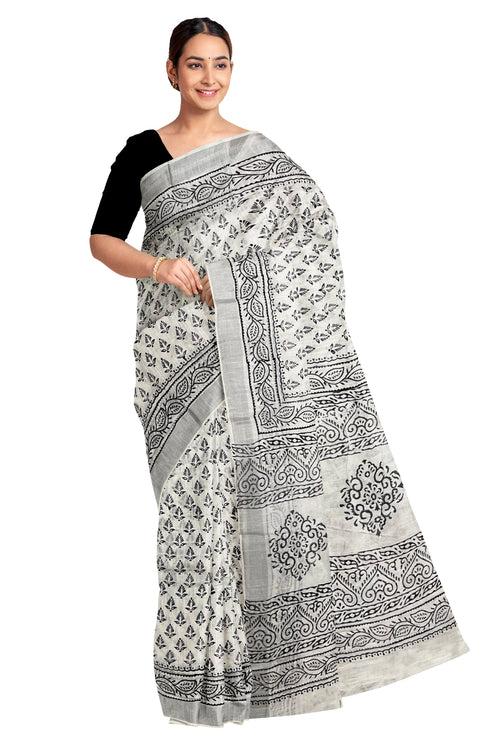 Southloom Linen Pure White Designer Saree with Floral Prints