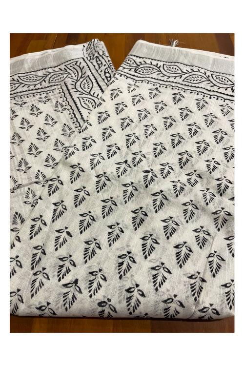 Southloom Linen Pure White Designer Saree with Floral Prints