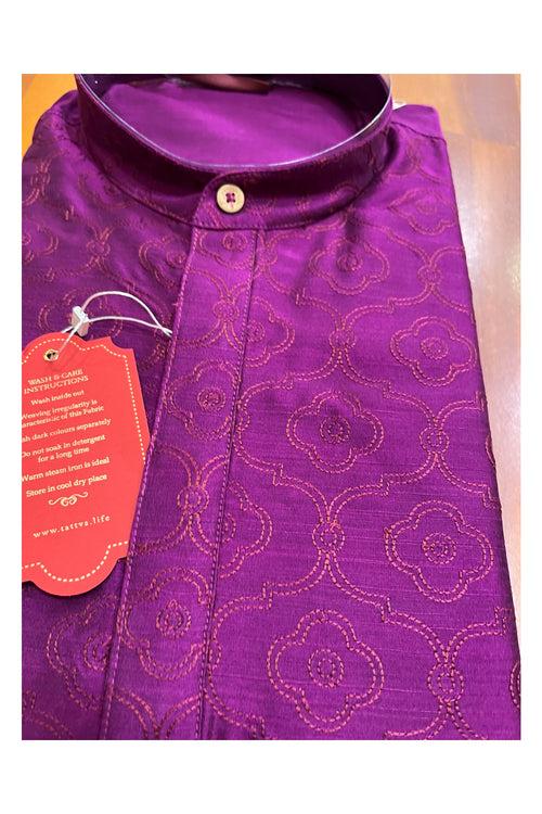 Southloom Magenta Embroidered Semi Silk Short Kurta for Men