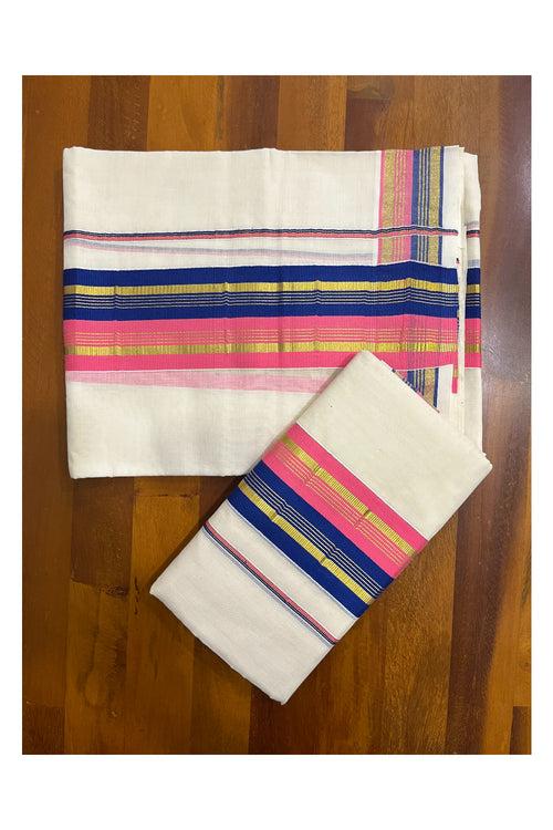 Kerala Cotton Kasavu Set Mundu (Mundum Neriyathum) with Pink Blue Border 2.80 Mtrs