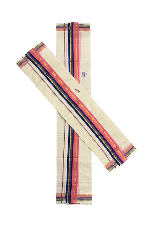 Kerala Cotton Kasavu Set Mundu (Mundum Neriyathum) with Pink Blue Border 2.80 Mtrs