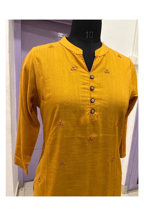 Southloom Stitched Cotton Kurti in Plain Yellow and Mirror Works on Body