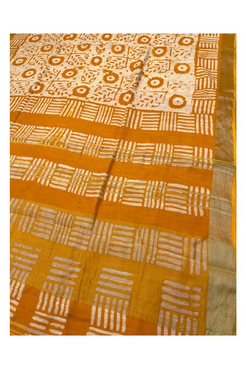 Southloom Linen Yellow and White Designer Printed Saree