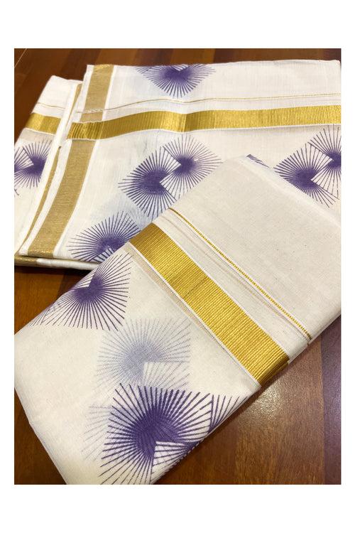 Kerala Cotton Kasavu Set Mundu with Purple Block Prints on Border