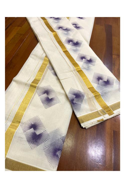 Kerala Cotton Kasavu Set Mundu with Purple Block Prints on Border