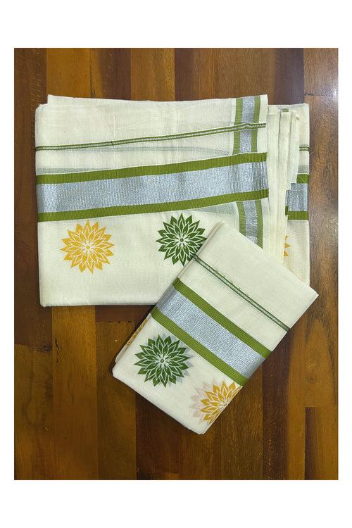 Kerala Cotton Mundum Neriyathum Single (Set Mundu) with Green Golden Floral Block Prints in Light Green Silver Kasavu Border