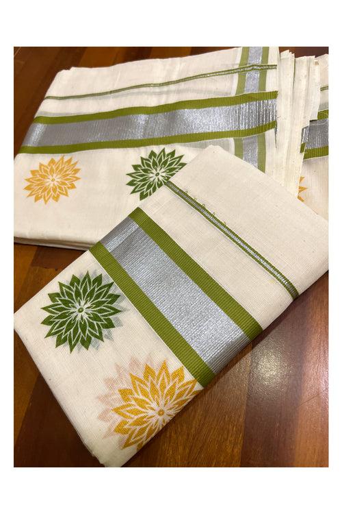 Kerala Cotton Mundum Neriyathum Single (Set Mundu) with Green Golden Floral Block Prints in Light Green Silver Kasavu Border