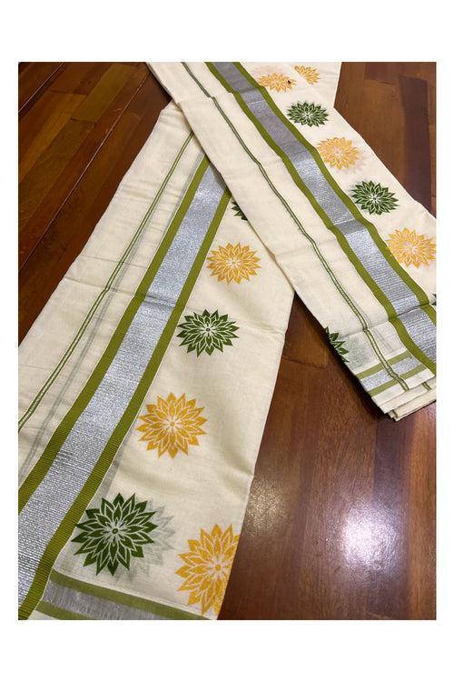 Kerala Cotton Mundum Neriyathum Single (Set Mundu) with Green Golden Floral Block Prints in Light Green Silver Kasavu Border