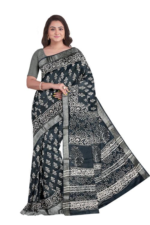 Southloom Linen Grey Designer Saree with Floral Prints