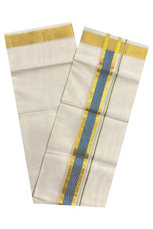 Southloom Premium Handloom Pure Cotton Mundu with Golden and Blue Kasavu Woven Border (Vishu 2024 Collection)