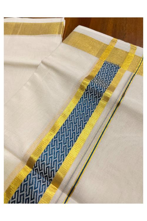 Southloom Premium Handloom Pure Cotton Mundu with Golden and Blue Kasavu Woven Border (Vishu 2024 Collection)