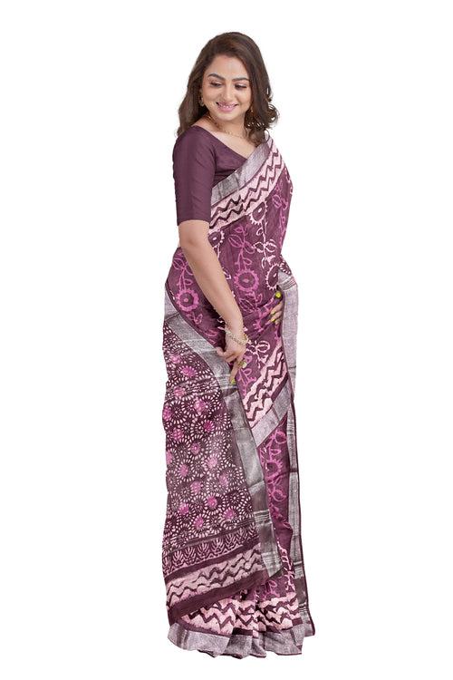 Southloom Linen Magenta Designer Saree with Floral Prints