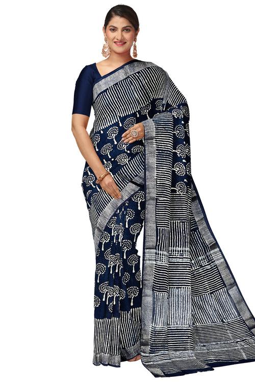 Southloom Linen Dark Blue Designer Saree with Floral Prints (include Separate Blouse Piece)