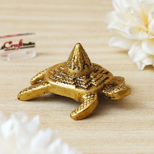 Golden Brass Meru Shree Yantra on Tortoise Statue Showpiece for Home, Office, and Temple - Bring Good Luck - Gift for Festive Occasions