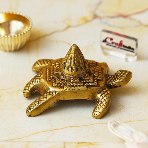 Golden Brass Meru Shree Yantra on Tortoise Statue Showpiece for Home, Office, and Temple - Bring Good Luck - Gift for Festive Occasions