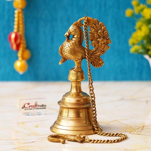 Golden Brass Peacock Statue Hanging Bell with Chain for Home Temple