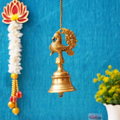 Golden Brass Peacock Statue Hanging Bell with Chain for Home Temple