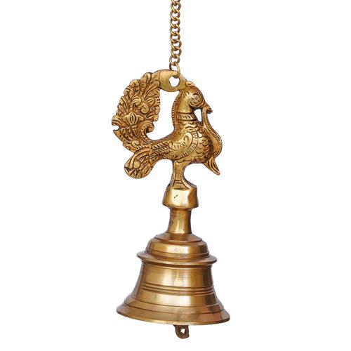 Golden Brass Peacock Statue Hanging Bell with Chain for Home Temple