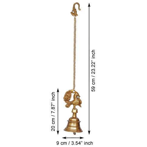 Golden Brass Peacock Statue Hanging Bell with Chain for Home Temple